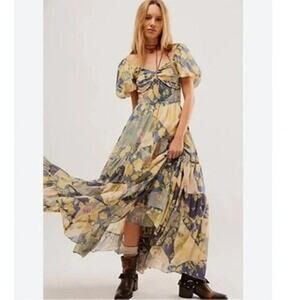 NWT Free People Sundrenched Maxi Dress Blue Combo, Floral Smocked SOLD OUT S/P